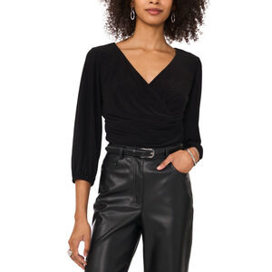 Vince Camuto Women Faux-Wrap 3/4-Sleeve Top Black Size L
